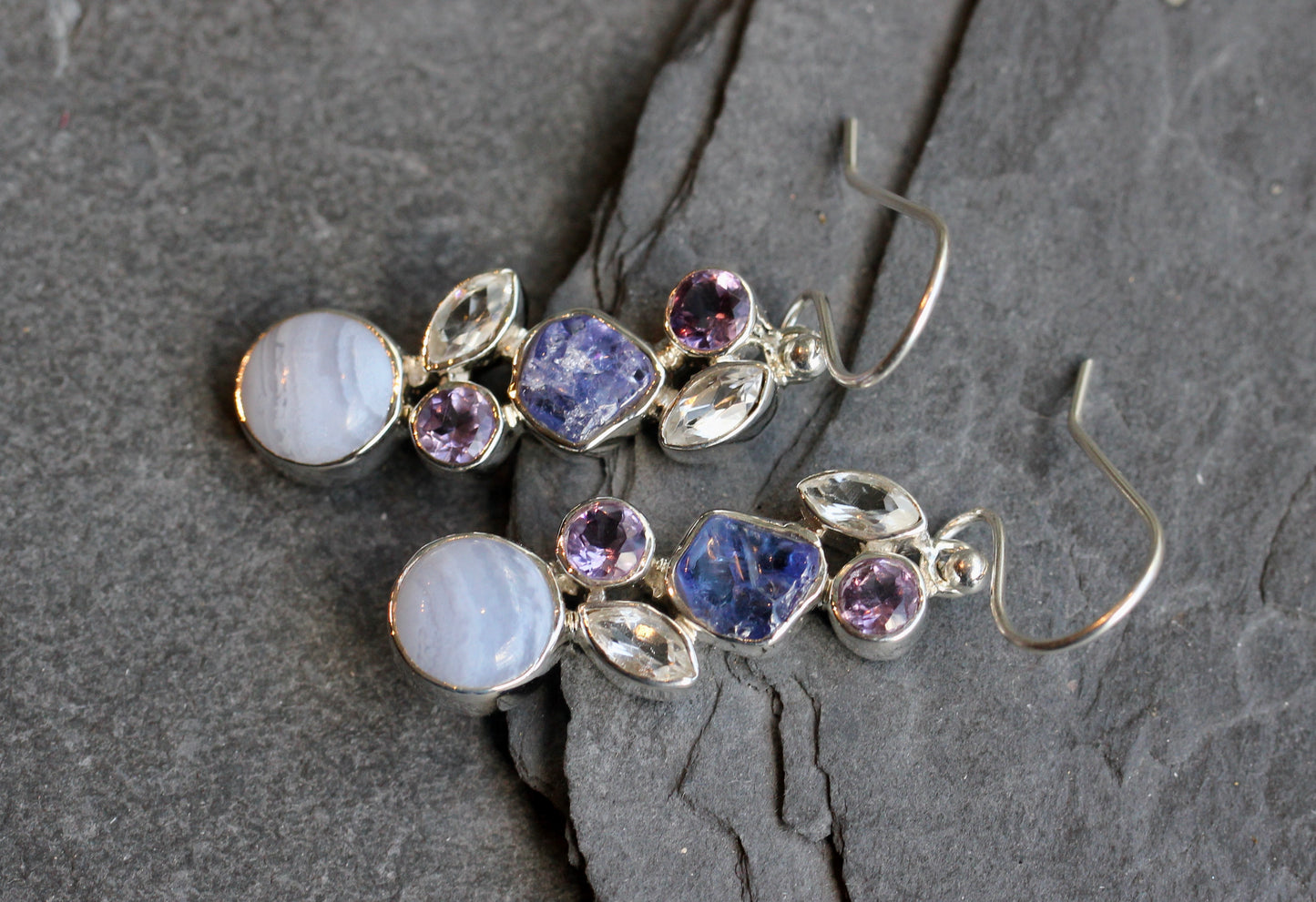 Blue Lace Agate Tanzanite Amethyst White Topaz Earrings