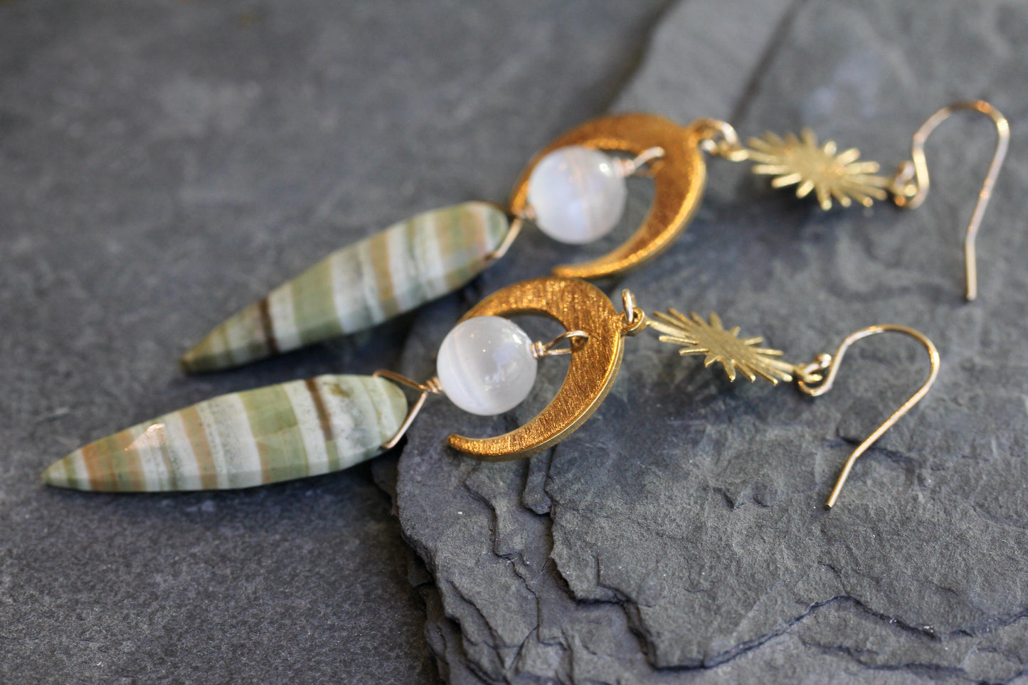 Green Opal Selenite Brass Moon and Star Earrings
