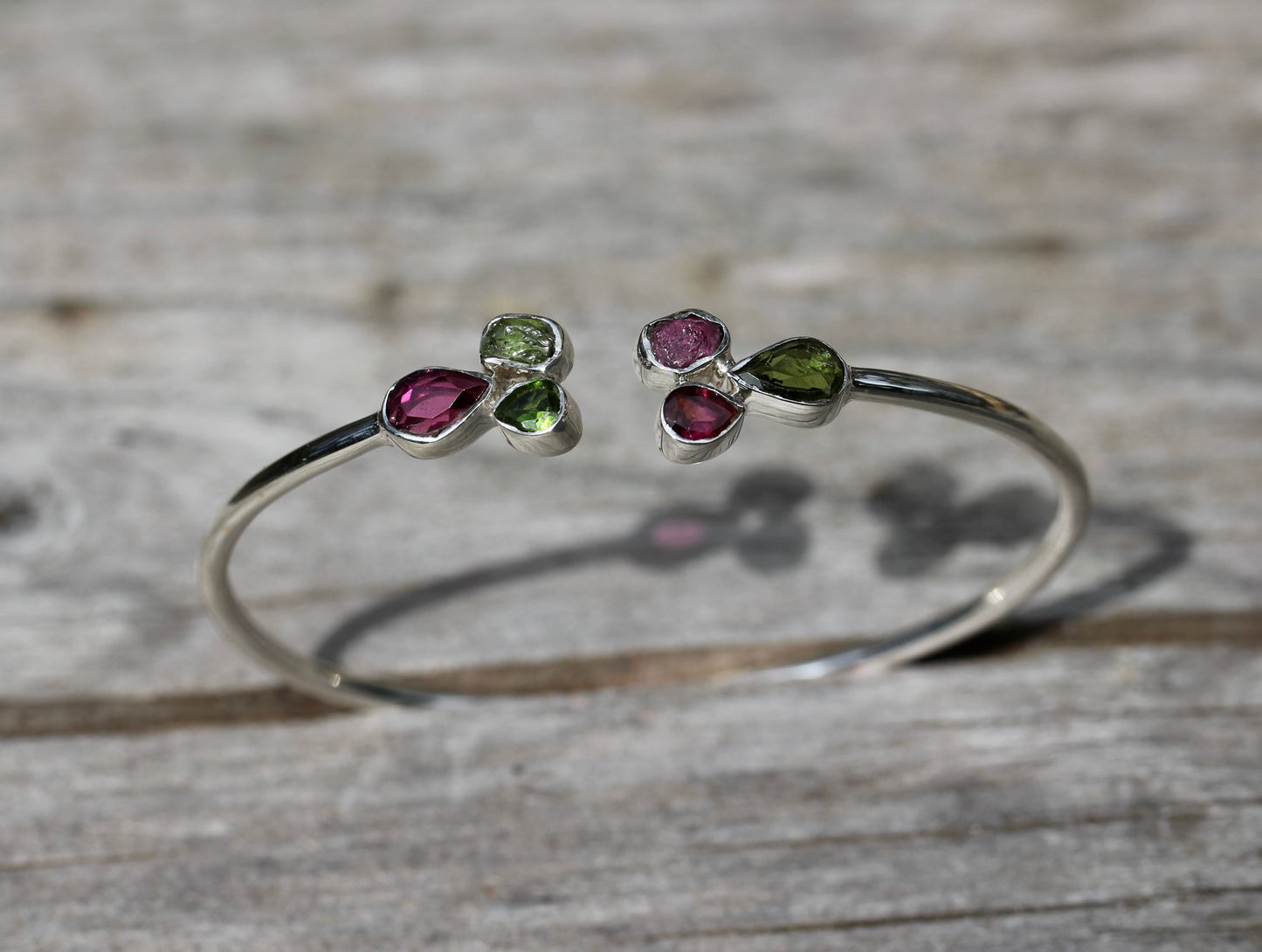 Pink and Green Tourmaline Cluster Silver Bracelet