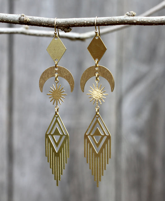 Brass Moon Sun Fringe Earrings