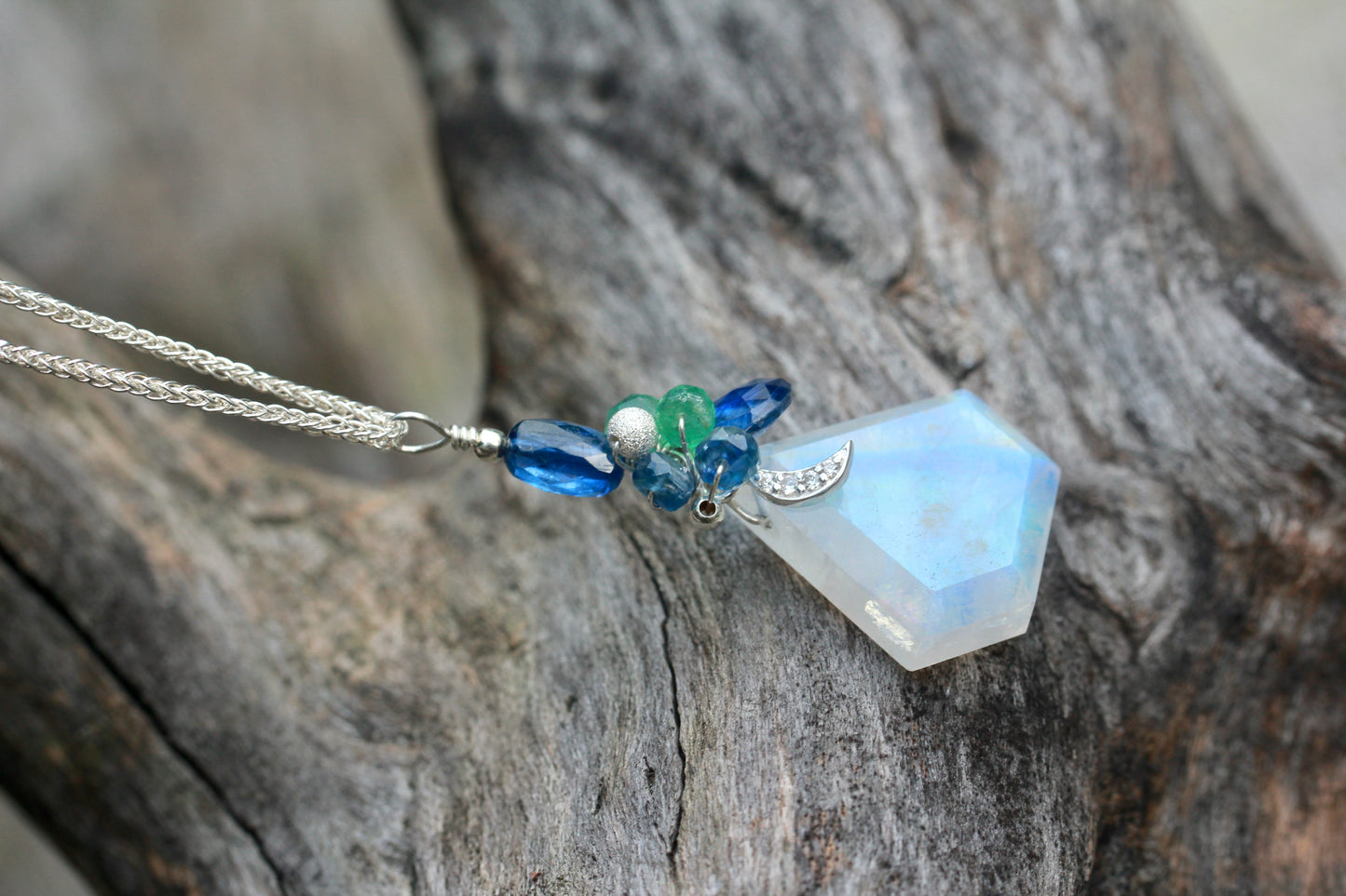 Rainbow Moonstone Moon Gem Necklace with Kyanite and Emerald