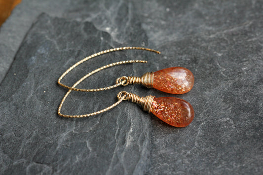 Sunstone Sparkle V Wire Gold Earrings