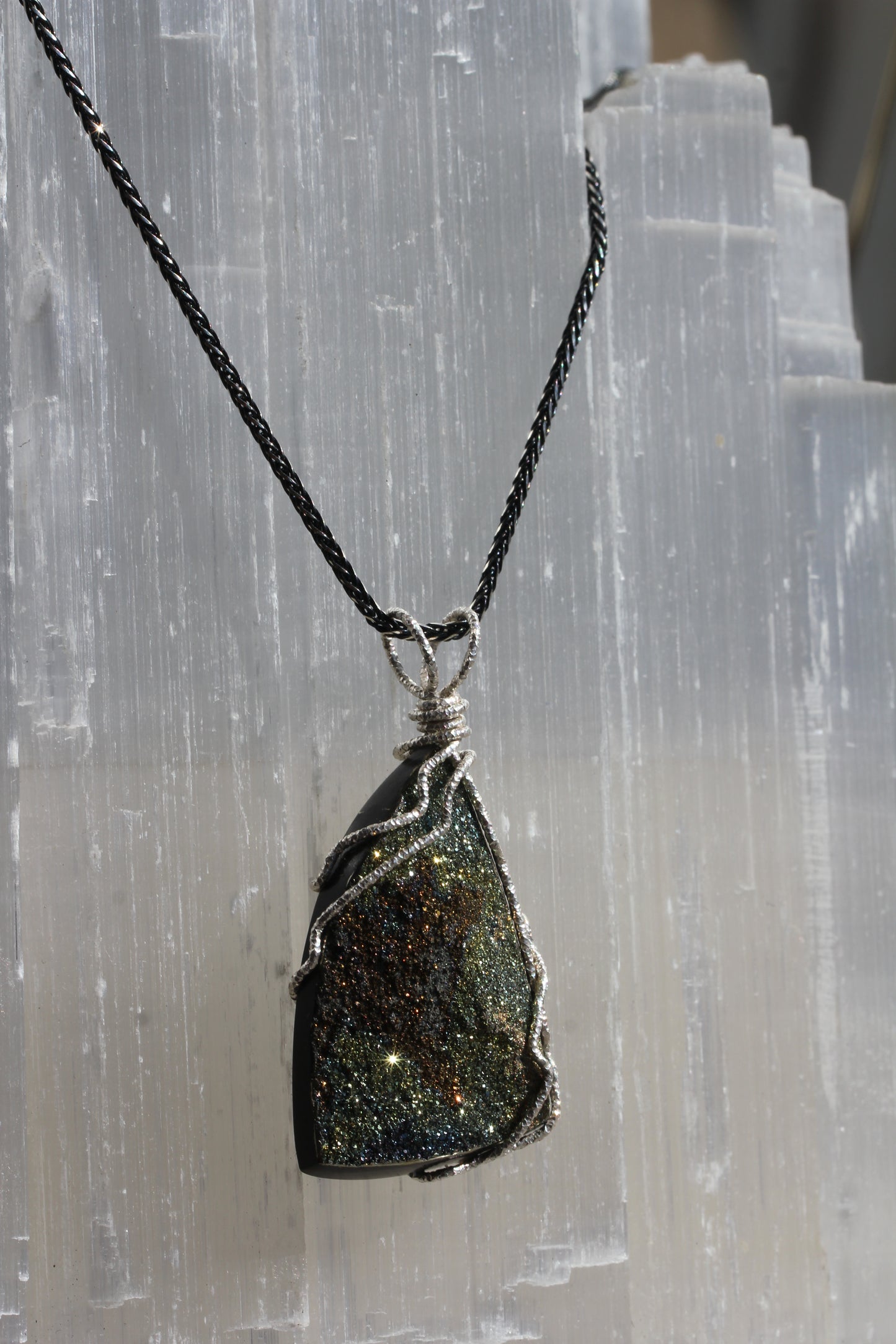 Rainbow Pyrite Freeform Silver Wrap Pendant