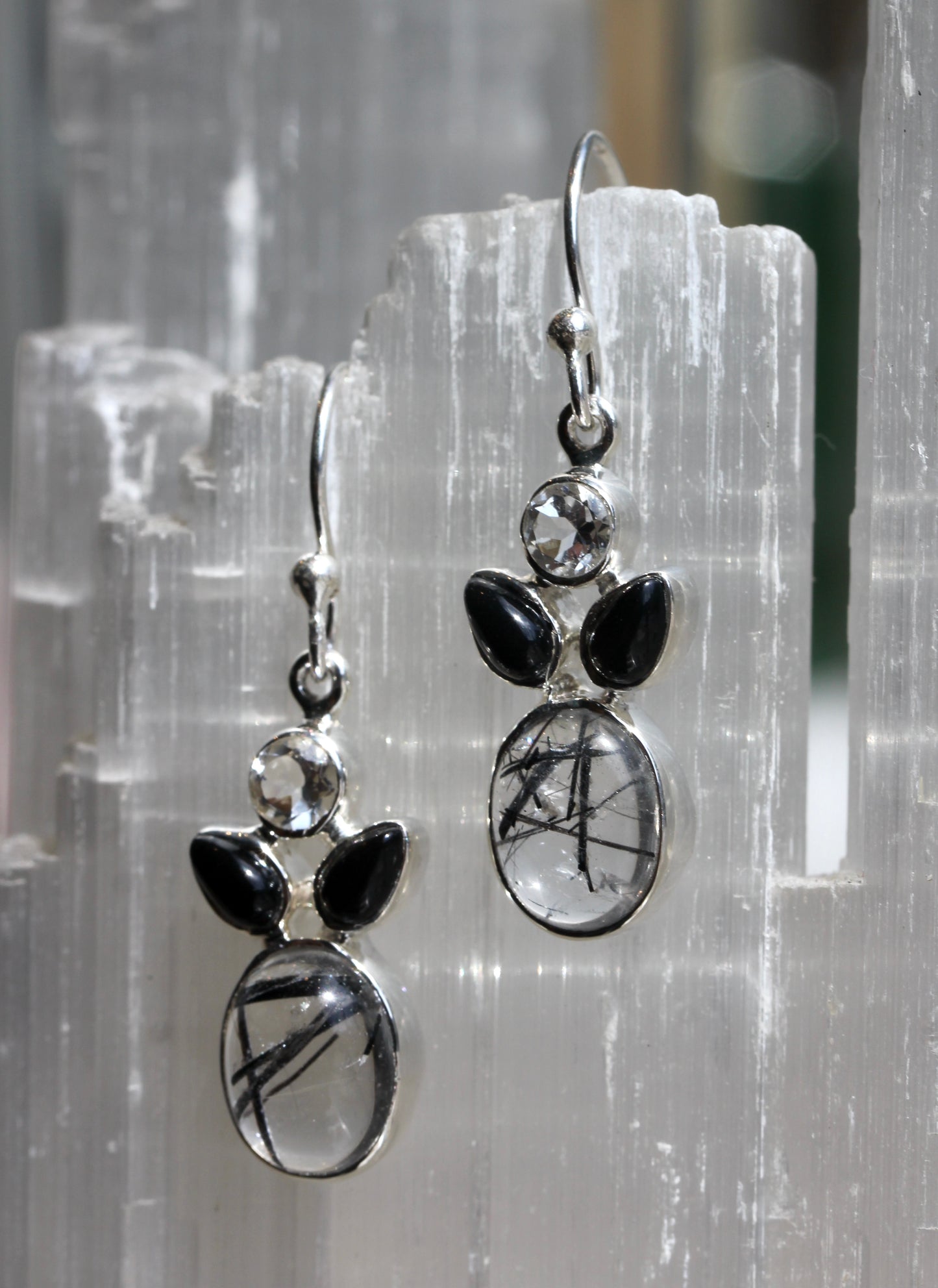 Tourmalinated quartz Onyx White Topaz Earrings