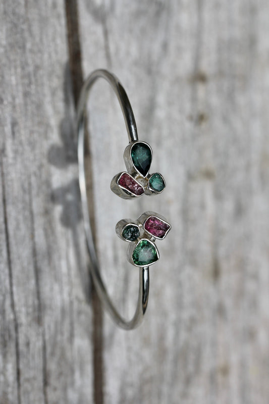 Indicolite and Pink Tourmaline Cluster Silver Bracelet