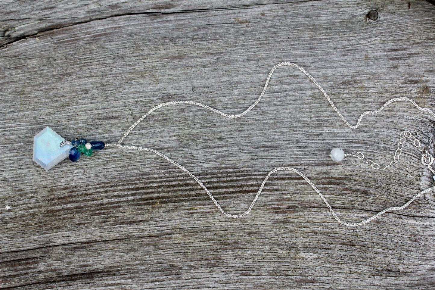 Rainbow Moonstone Moon Gem Necklace with Kyanite and Emerald