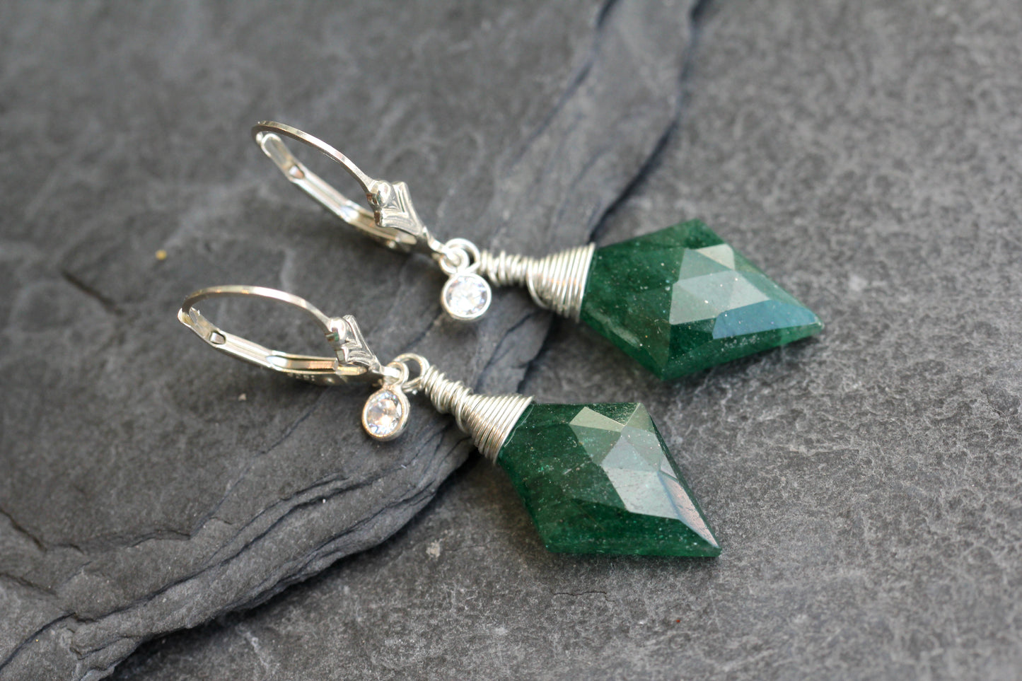 Green Aventurine CZ Diamond Drop Earrings