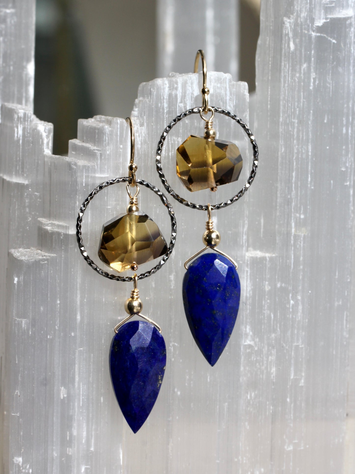 Lapis Beer Quartz Hoop Drop Earrings