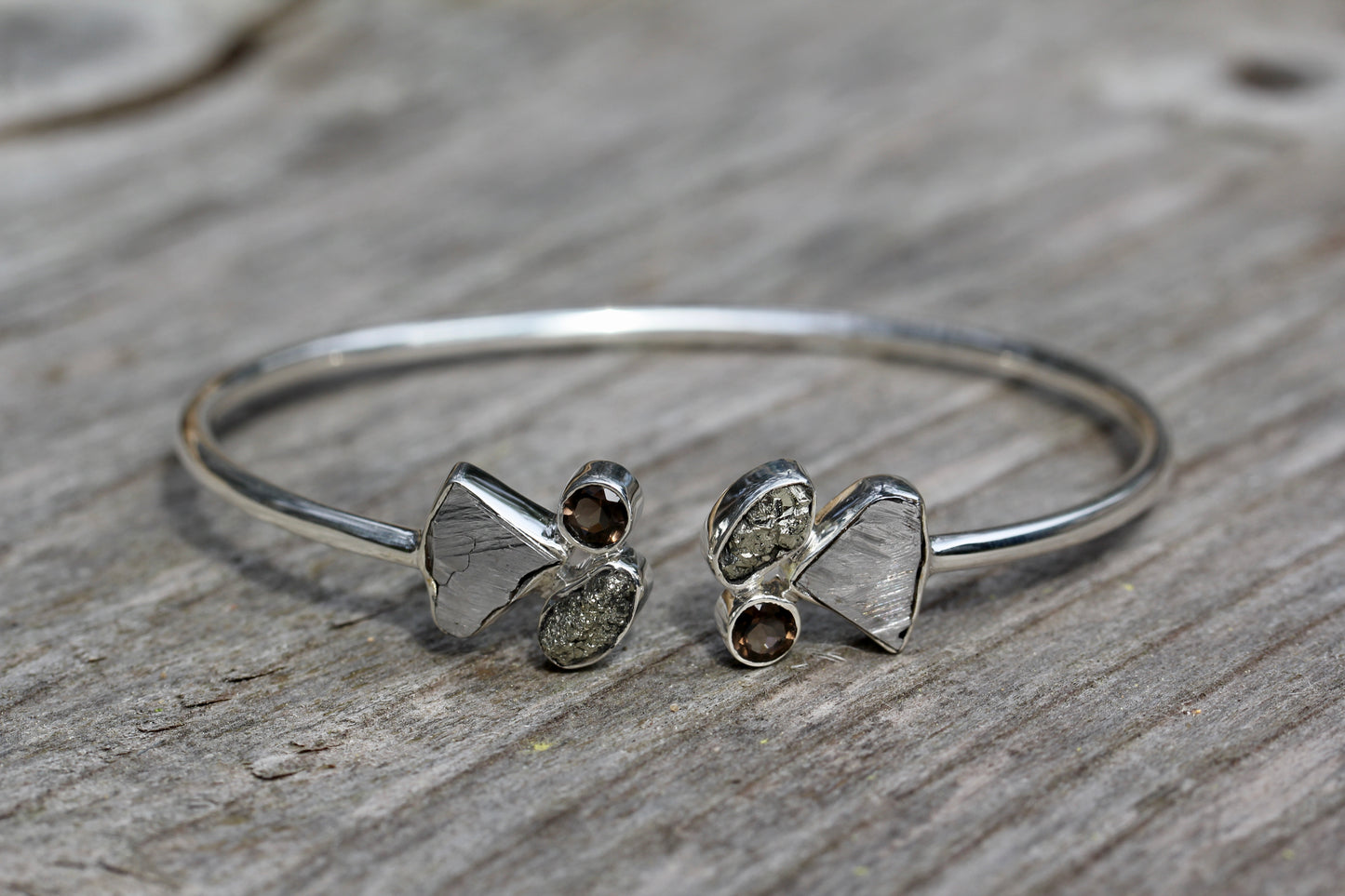 Meteorite Pyrite Smokey Quartz Silver Cuff Bracelet