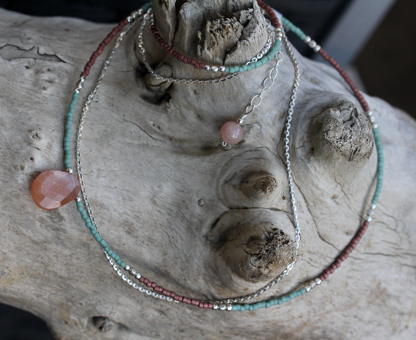 Peach Moonstone Delica Glass Bead Silver Necklace