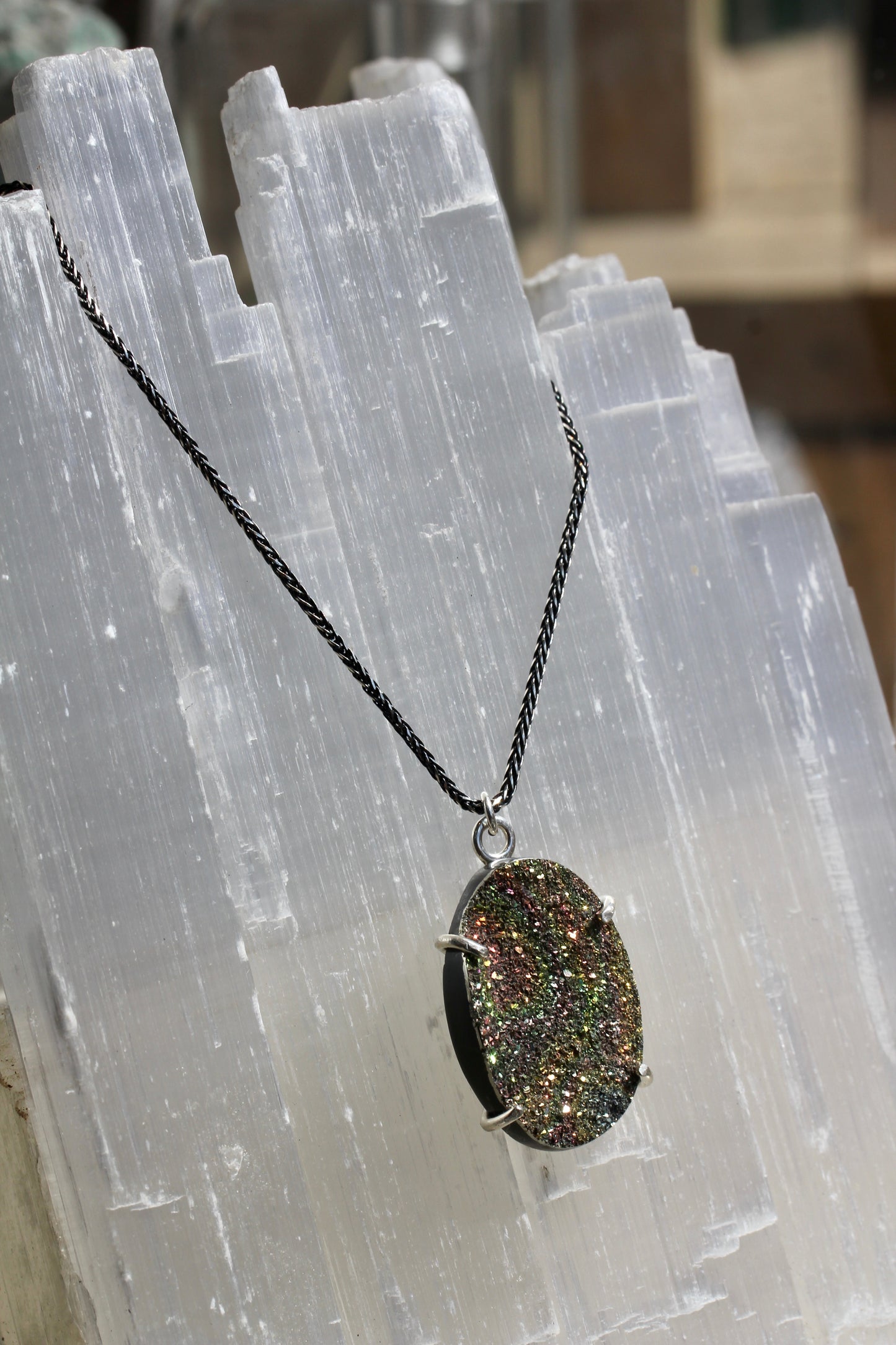 Rainbow Pyrite Oval Pendant Necklace