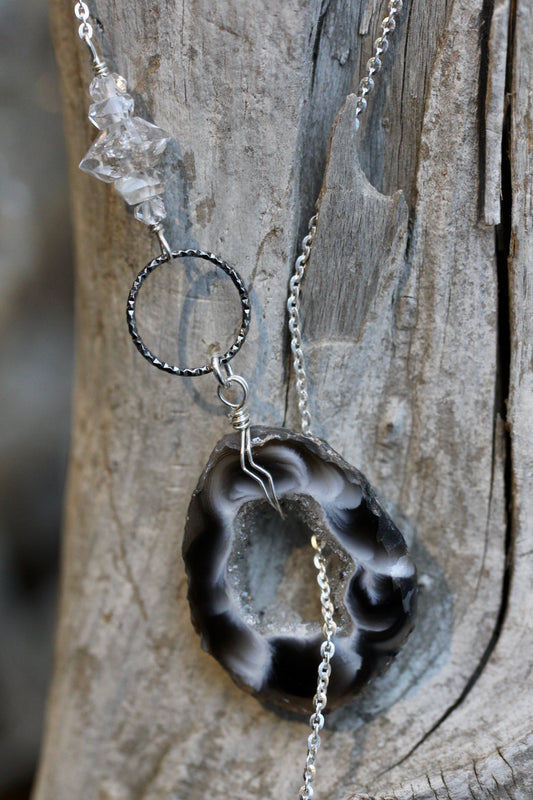 Agate Herkimer Diamond Silver Toggle Necklace