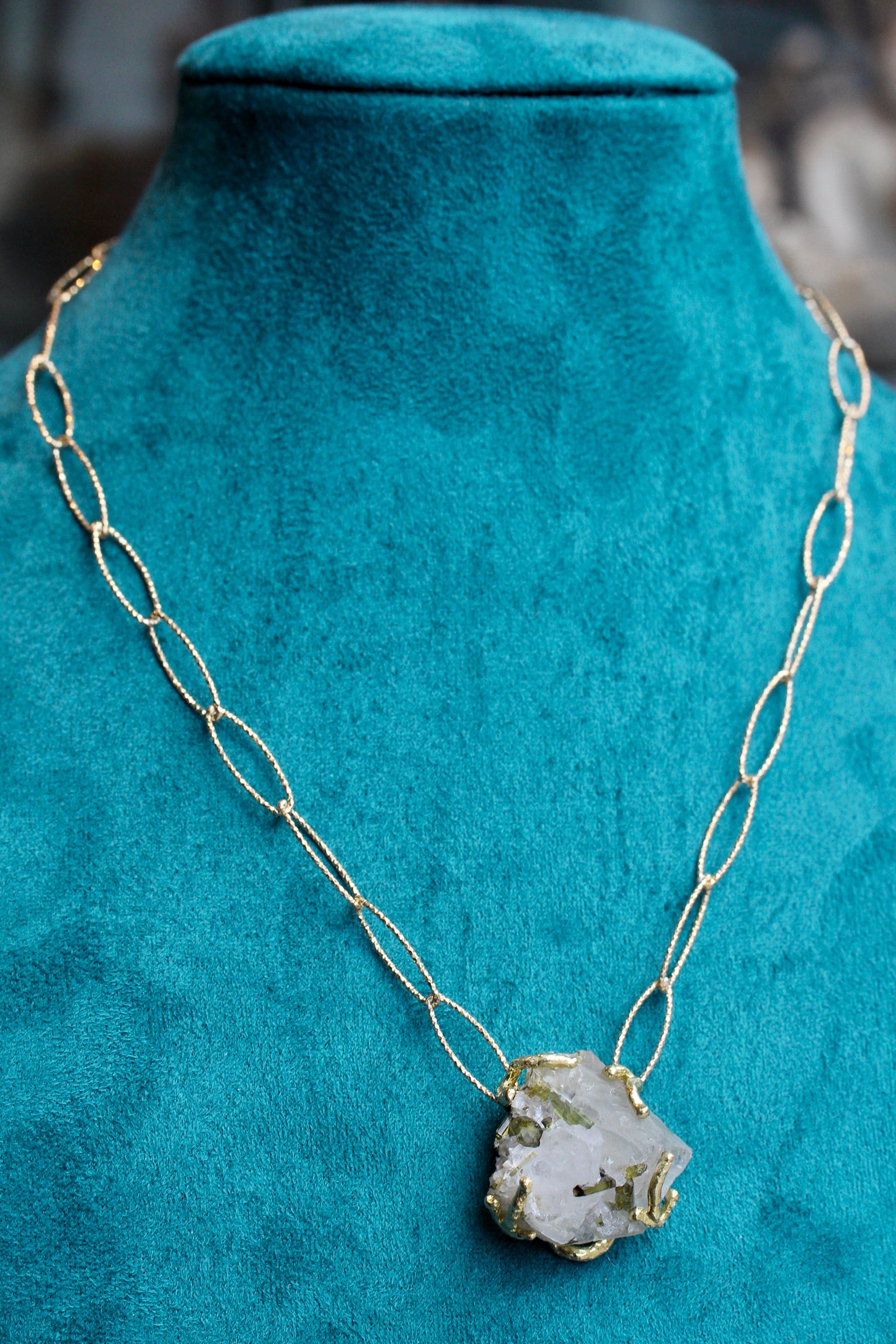 Tourmalinated Quartz Chunky Crystal Gold Necklace