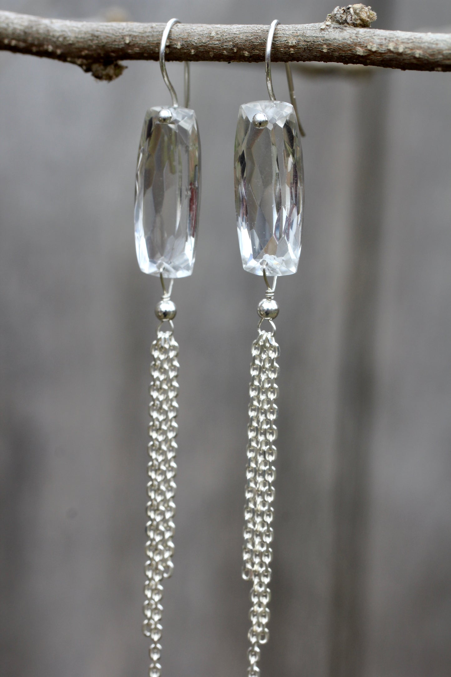 Quartz Baguette Silver Chain Fringe Earrings