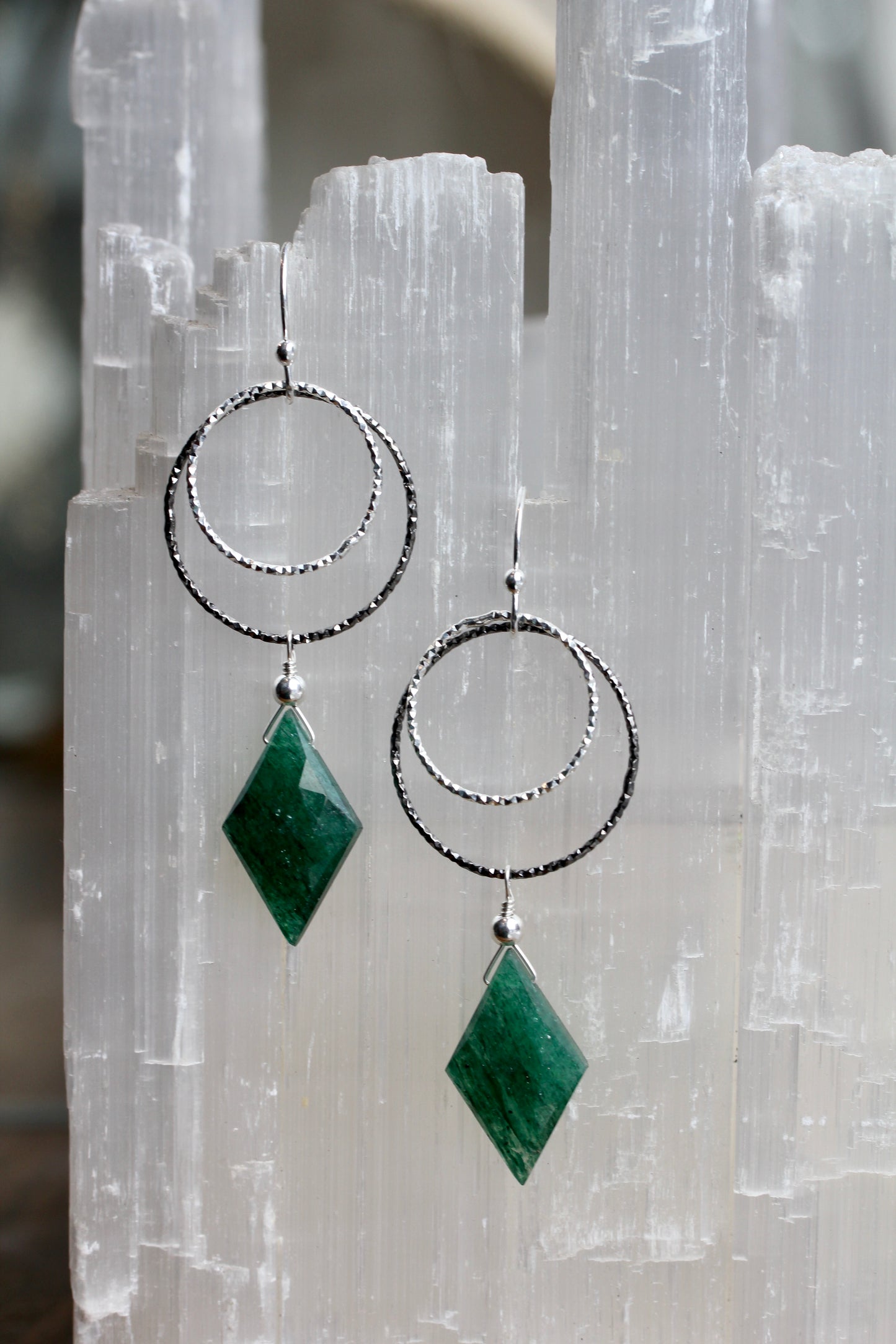 Green Aventurine Diamond Cut Double Ring Drop Earrings