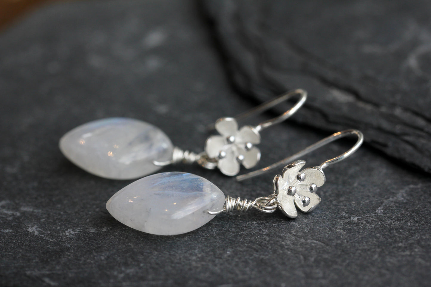 Rainbow Moonstone Flower Drop Earrings