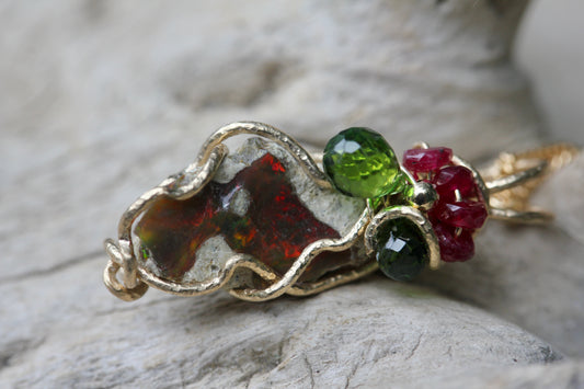 Opal Ruby Diopside Gold Necklace