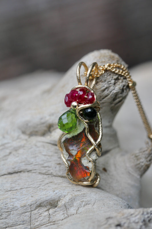 Opal Ruby Diopside Gold Necklace