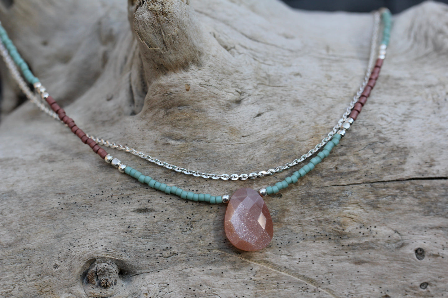 Peach Moonstone Delica Glass Bead Silver Necklace
