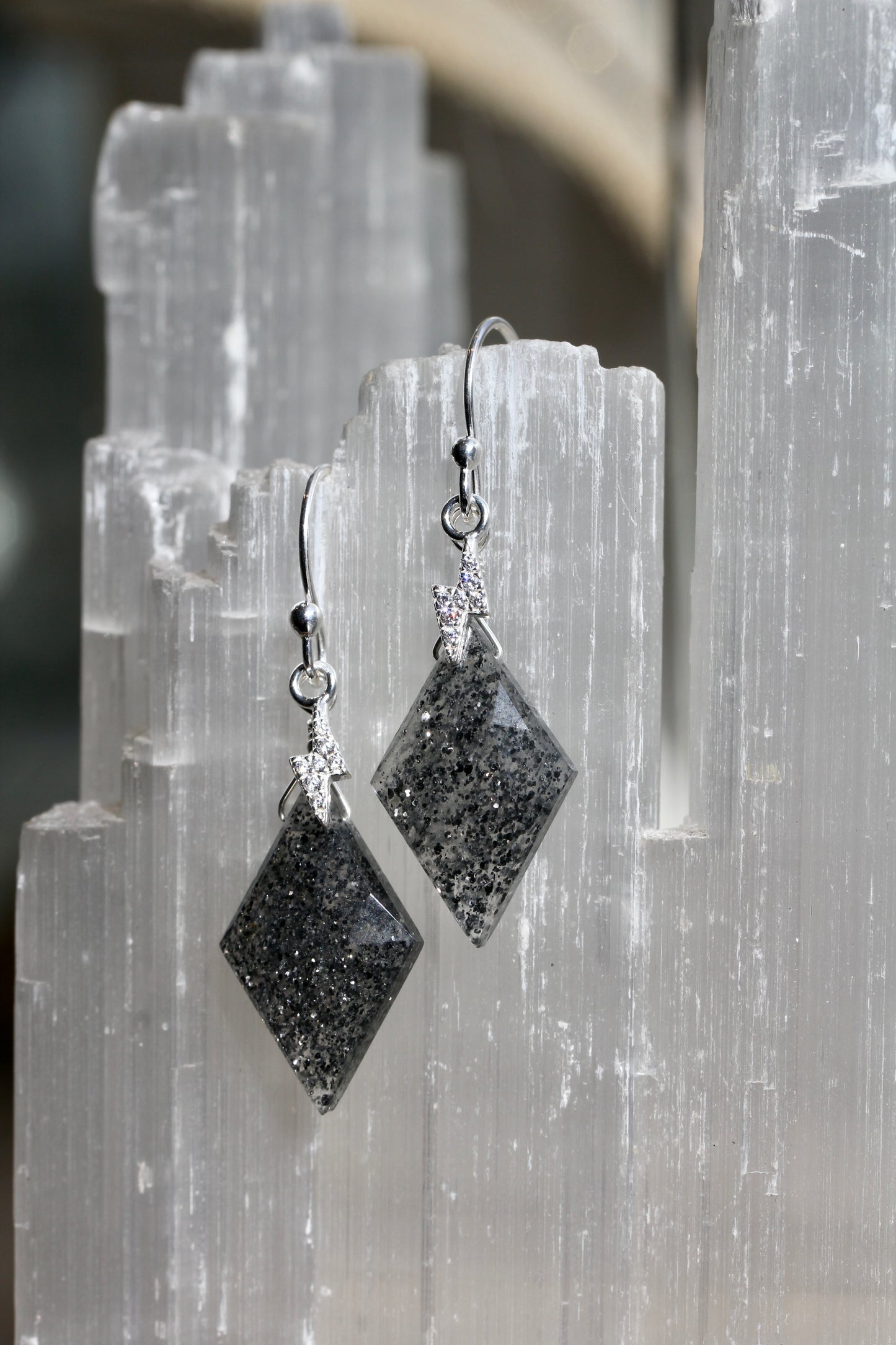 Black Sunstone Lightning Bolt Earrings