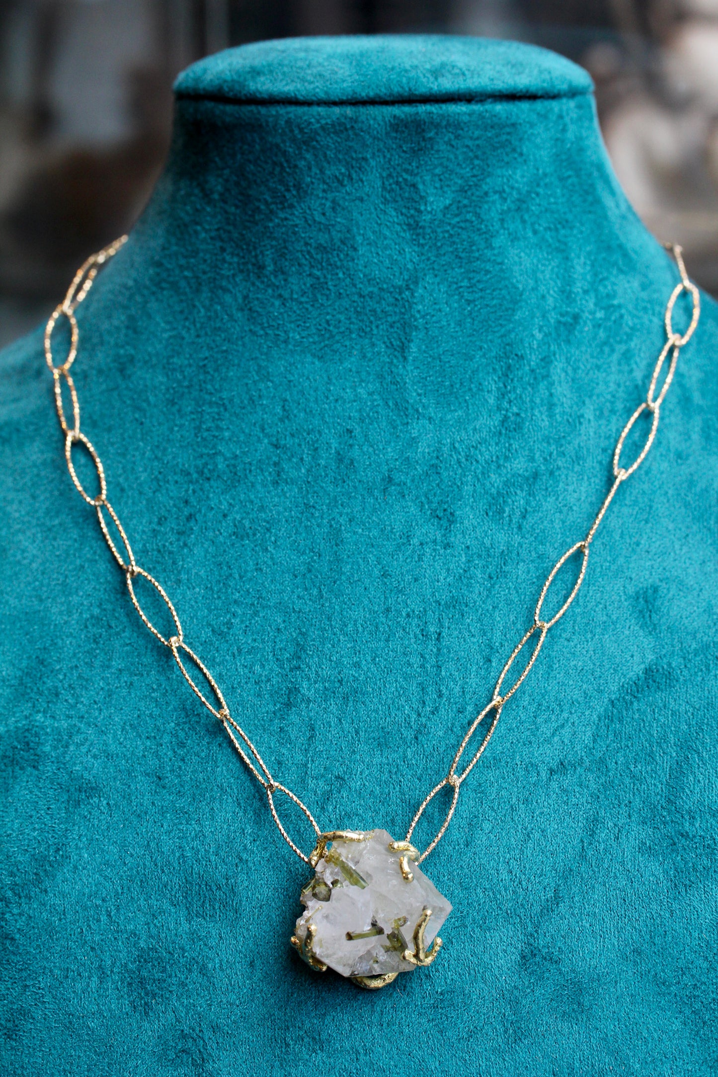 Tourmalinated Quartz Chunky Crystal Gold Necklace