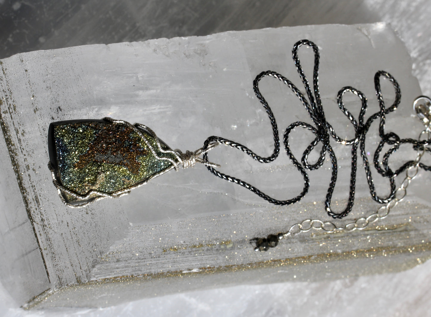 Rainbow Pyrite Freeform Silver Wrap Pendant