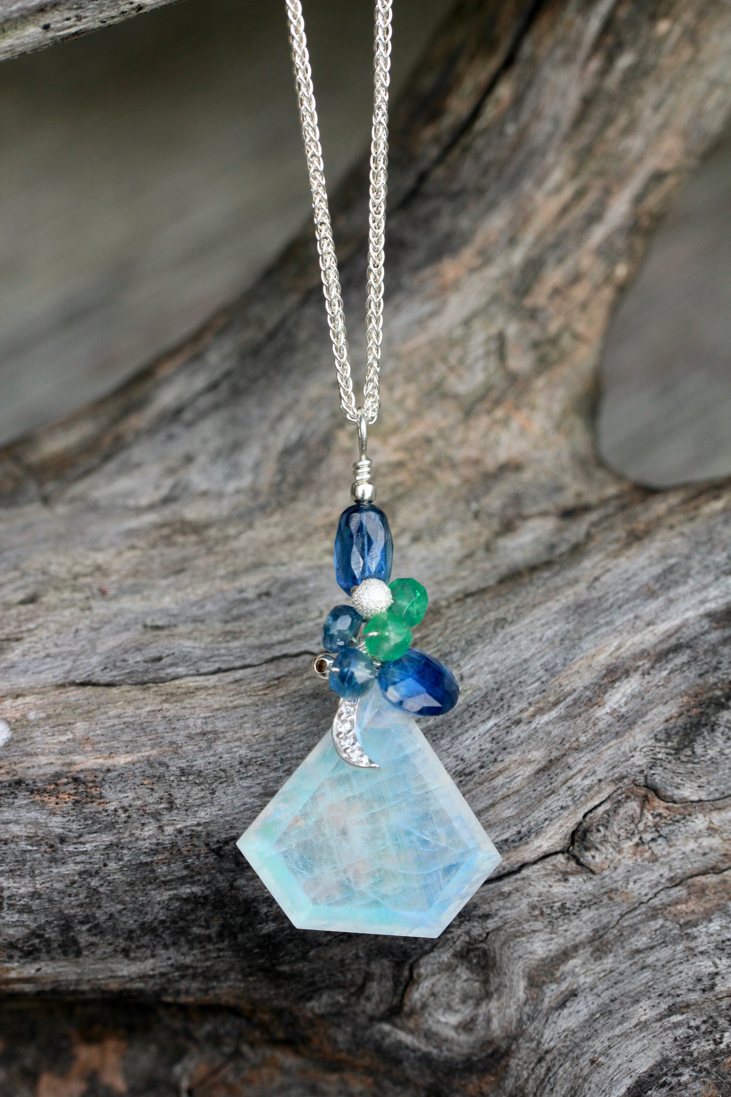 Rainbow Moonstone Moon Gem Necklace with Kyanite and Emerald