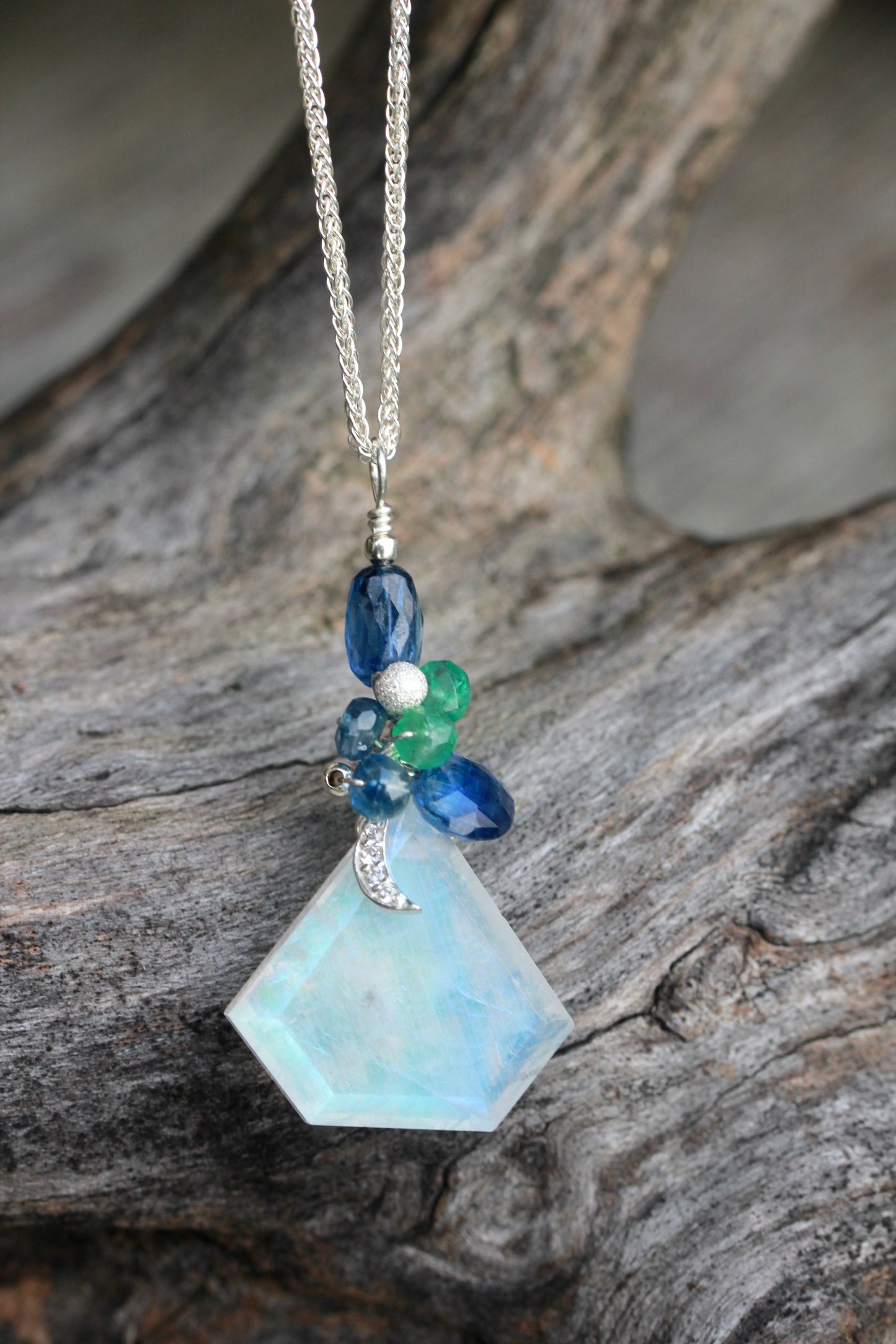 Rainbow Moonstone Moon Gem Necklace with Kyanite and Emerald