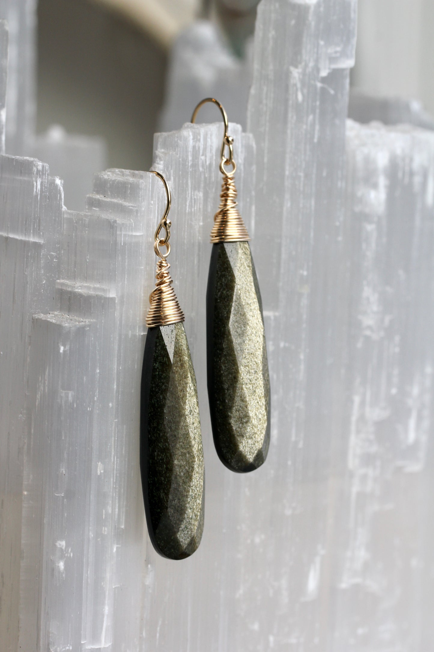 Gold Sheen Obsidian Long Teardrop Earrings