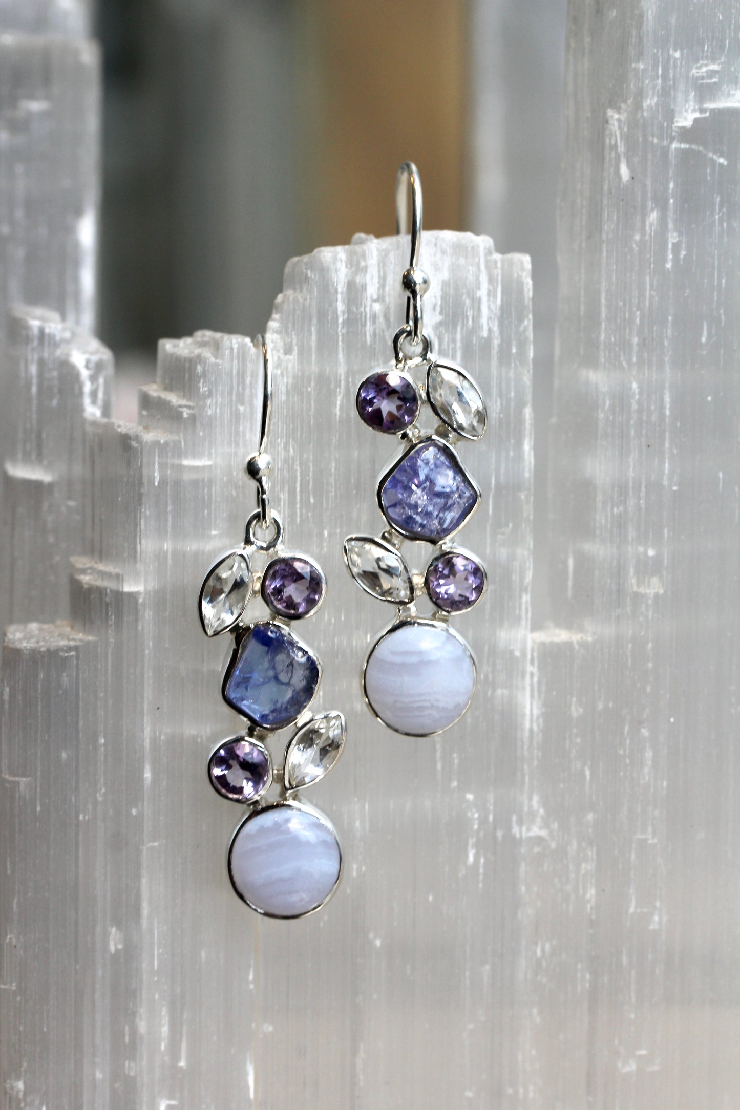 Blue Lace Agate Tanzanite Amethyst White Topaz Earrings