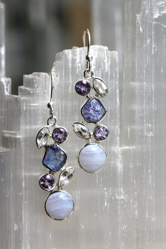 Blue Lace Agate Tanzanite Amethyst White Topaz Earrings