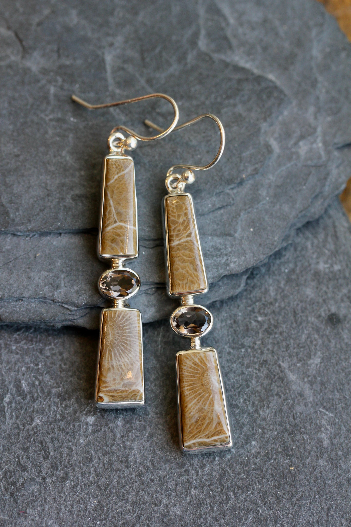 Fossil Coral Smokey Quartz Earrings