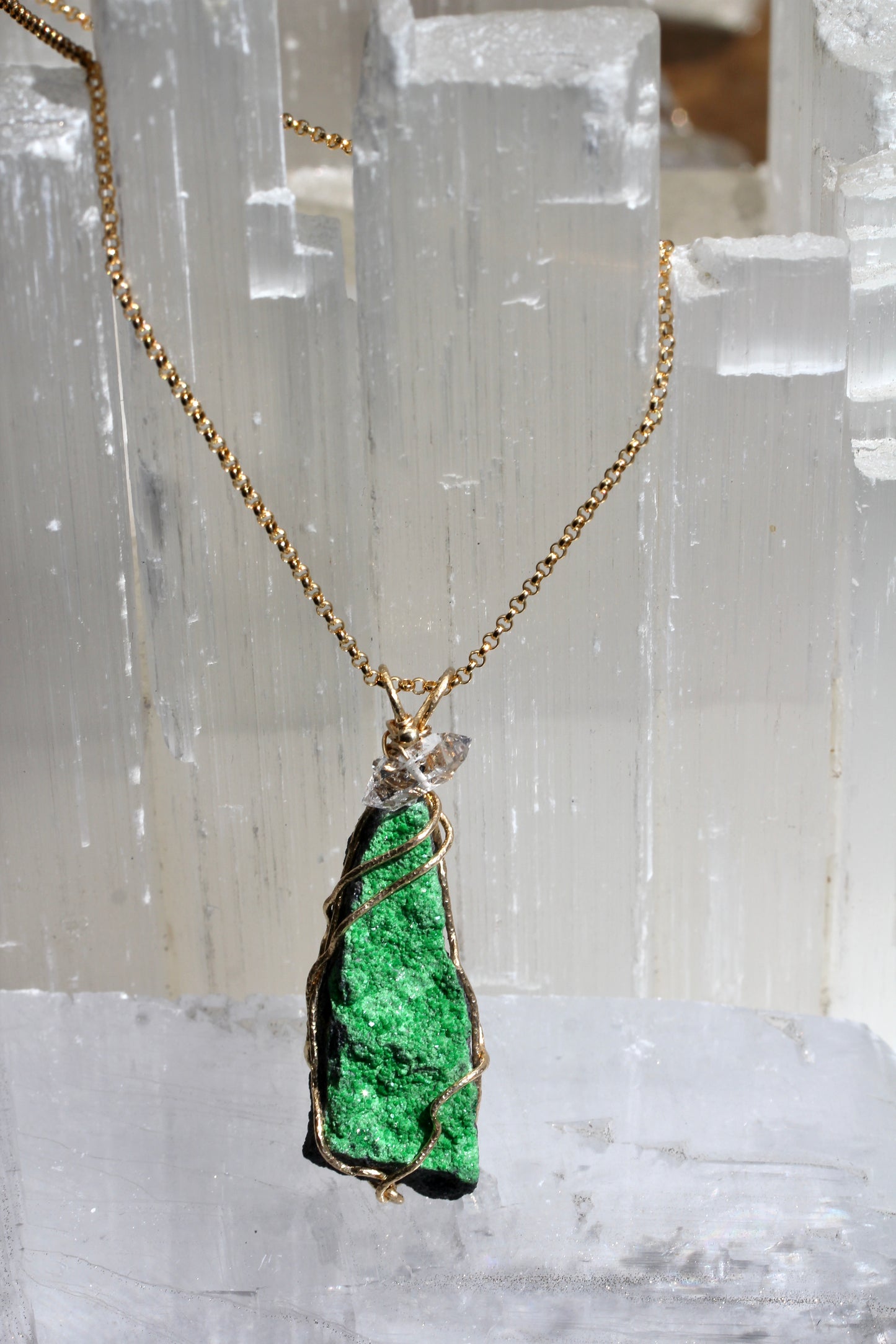 Uvarovite Druzy Pendant with Herkimer Diamond