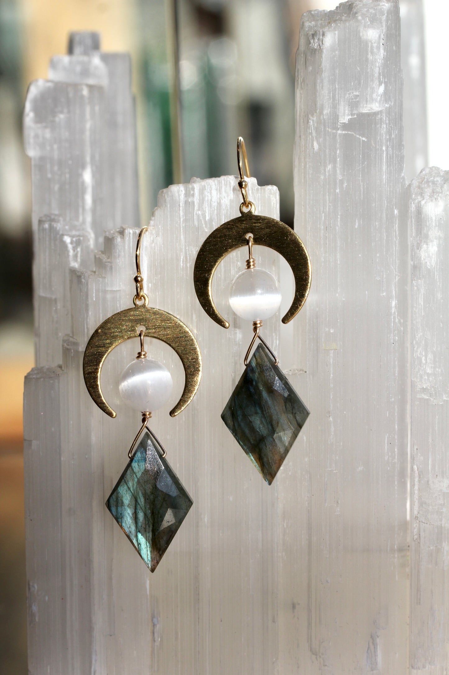 Labradorite Selenite Brass Moon Earrings