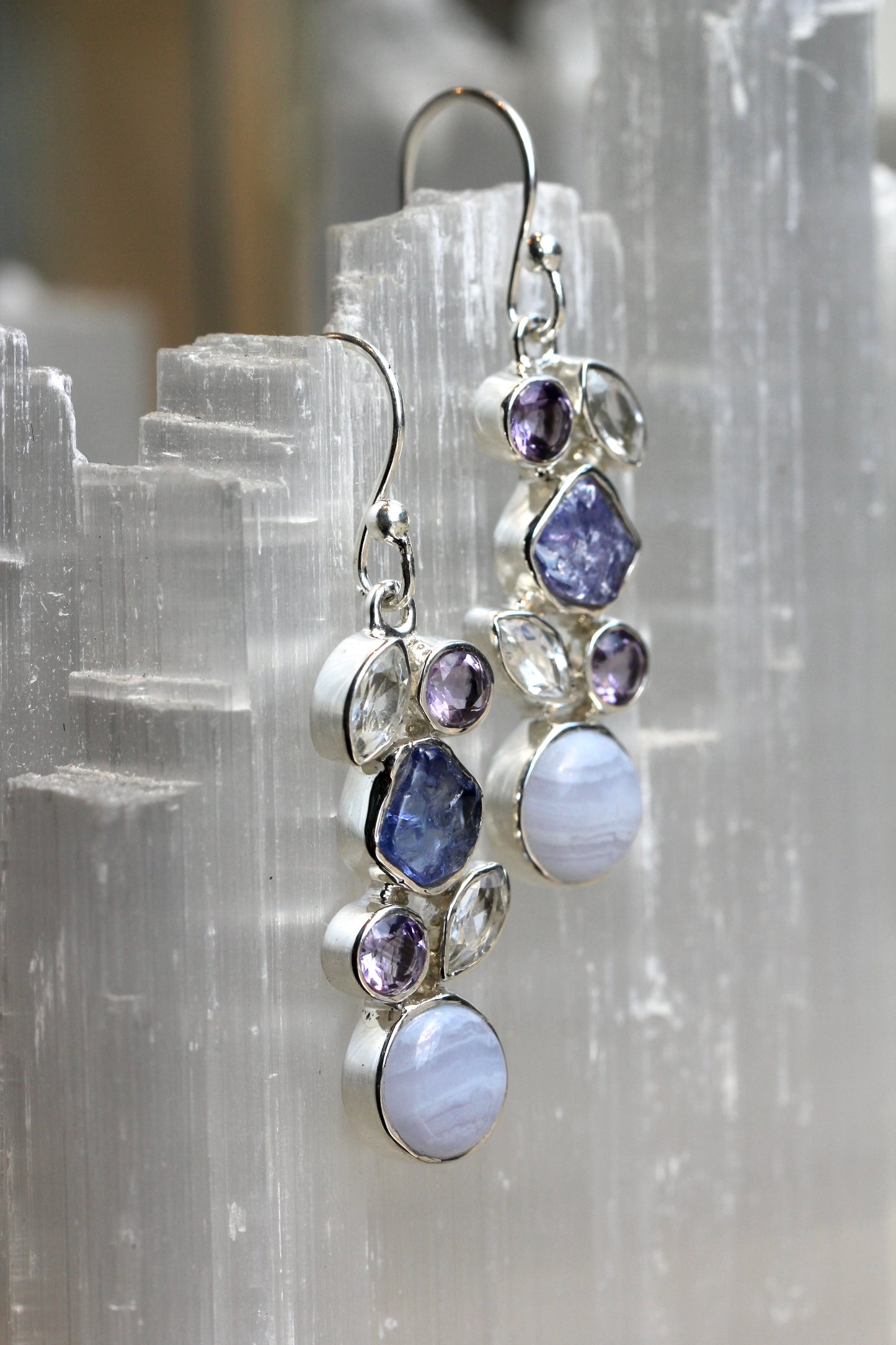 Blue Lace Agate Tanzanite Amethyst White Topaz Earrings