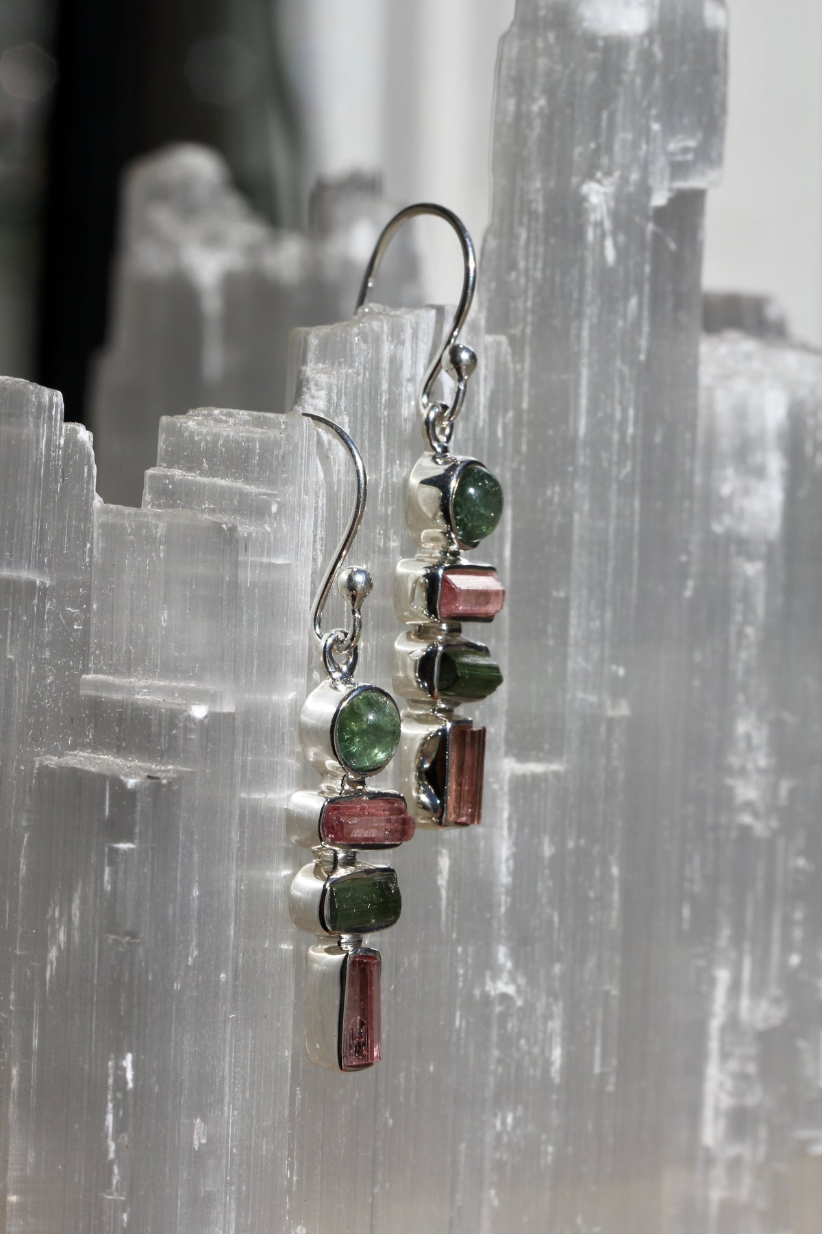 Pink and Green Tourmaline Crystal Earrings