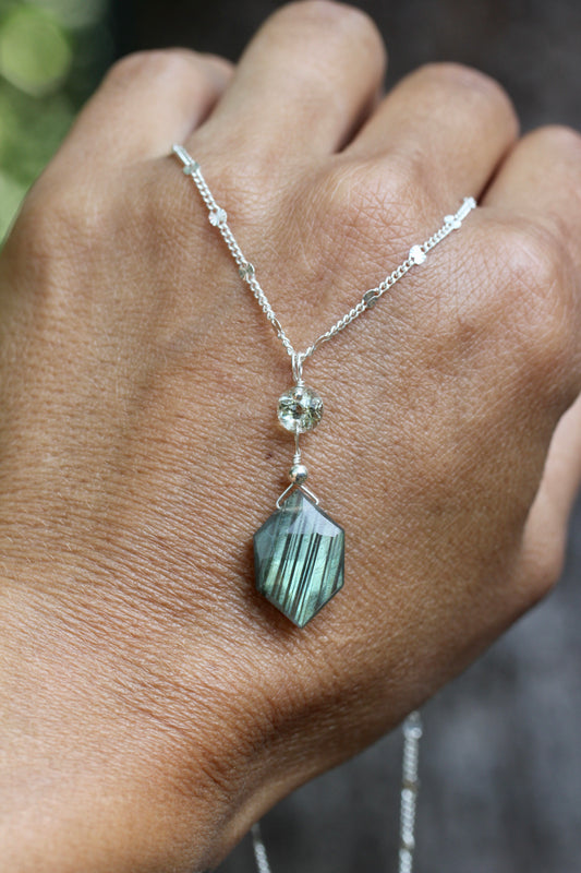Labradorite Prasiolite Hexagon Drop Necklace