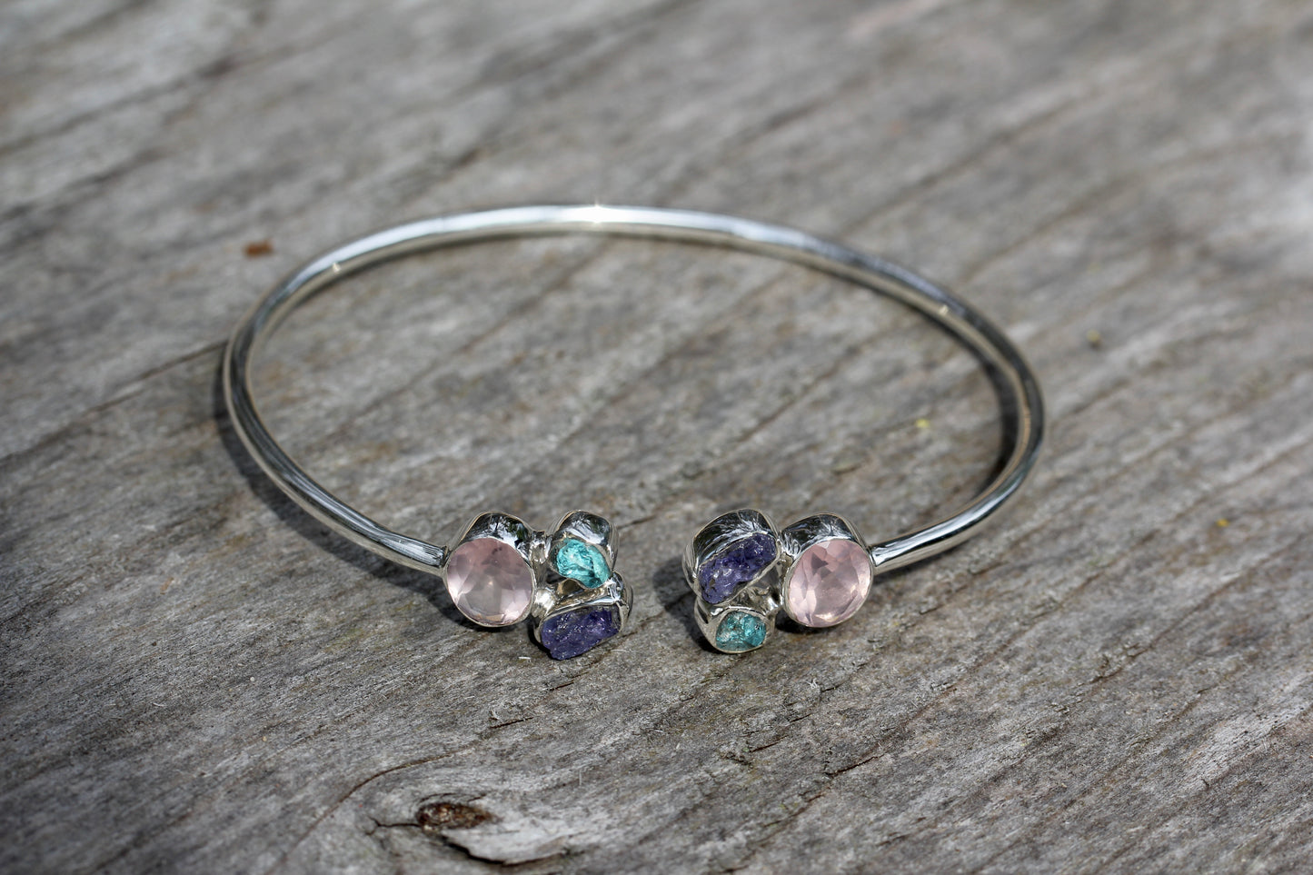 Rose Quartz Tanzanite Apatite Silver Flex Bracelet