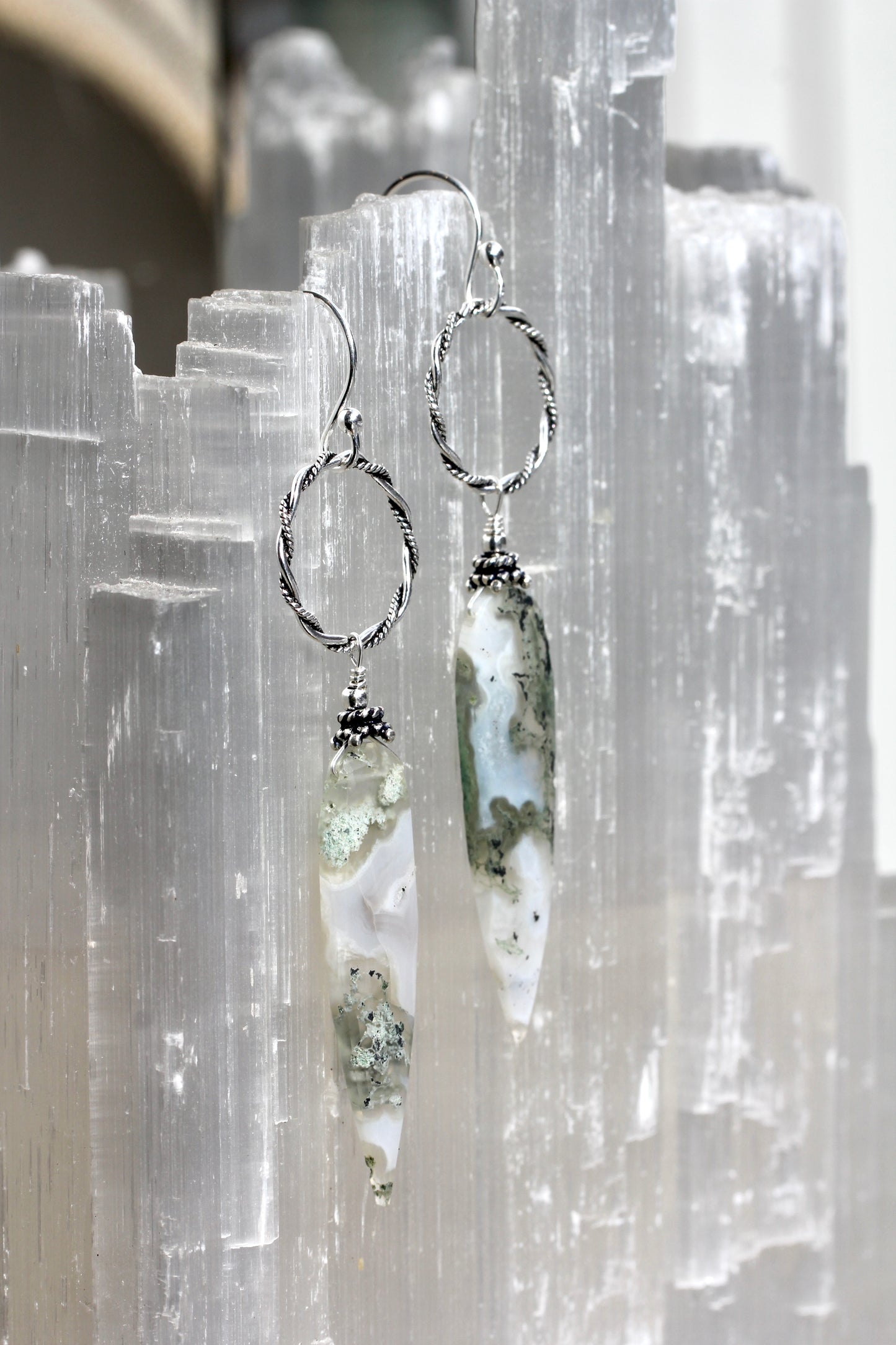 Moss Agate Long Ring Drop Earrings