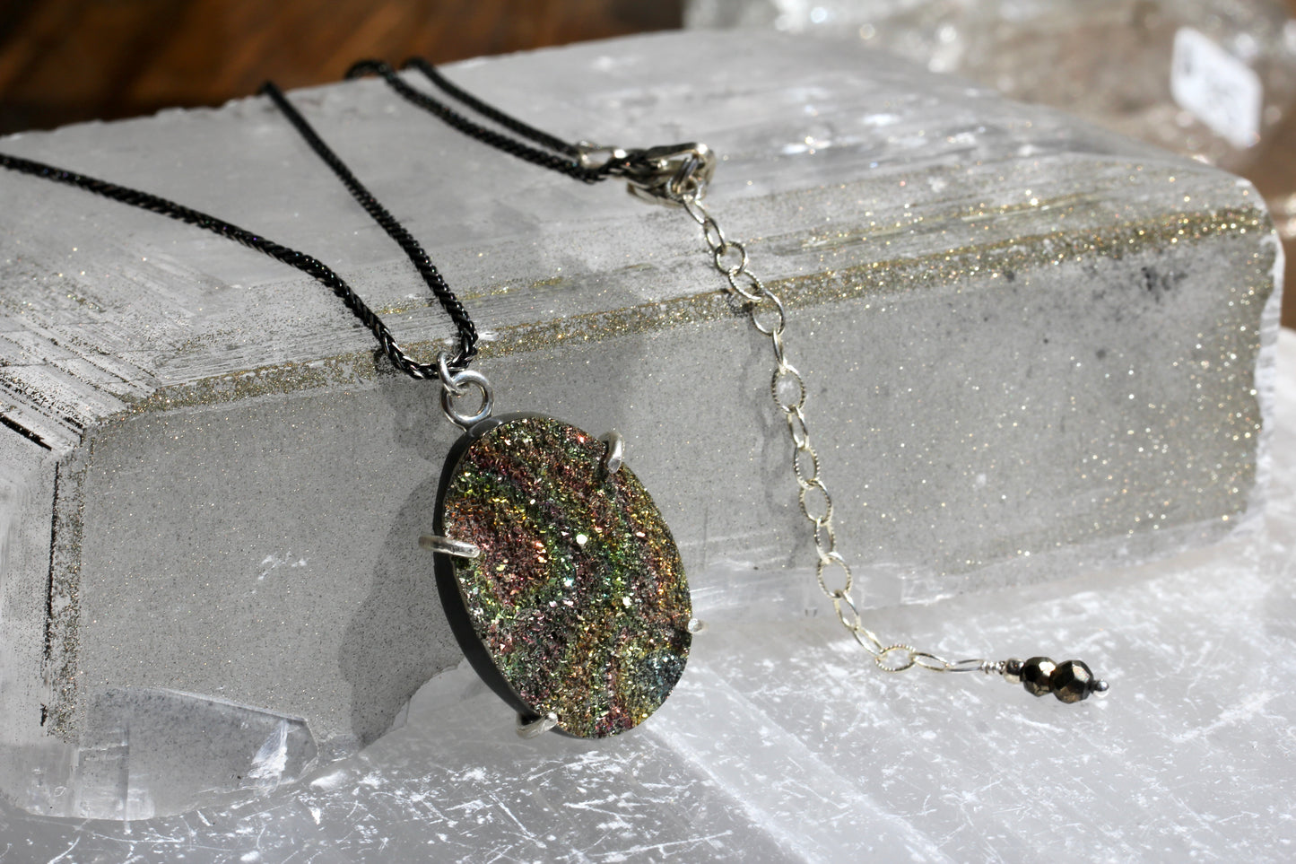 Rainbow Pyrite Oval Pendant Necklace