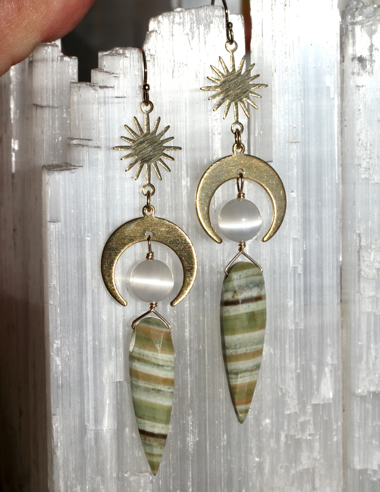 Green Opal Selenite Brass Moon and Star Earrings