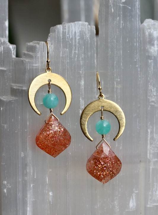 Sunstone Amazonite Moon Goddess Earrings