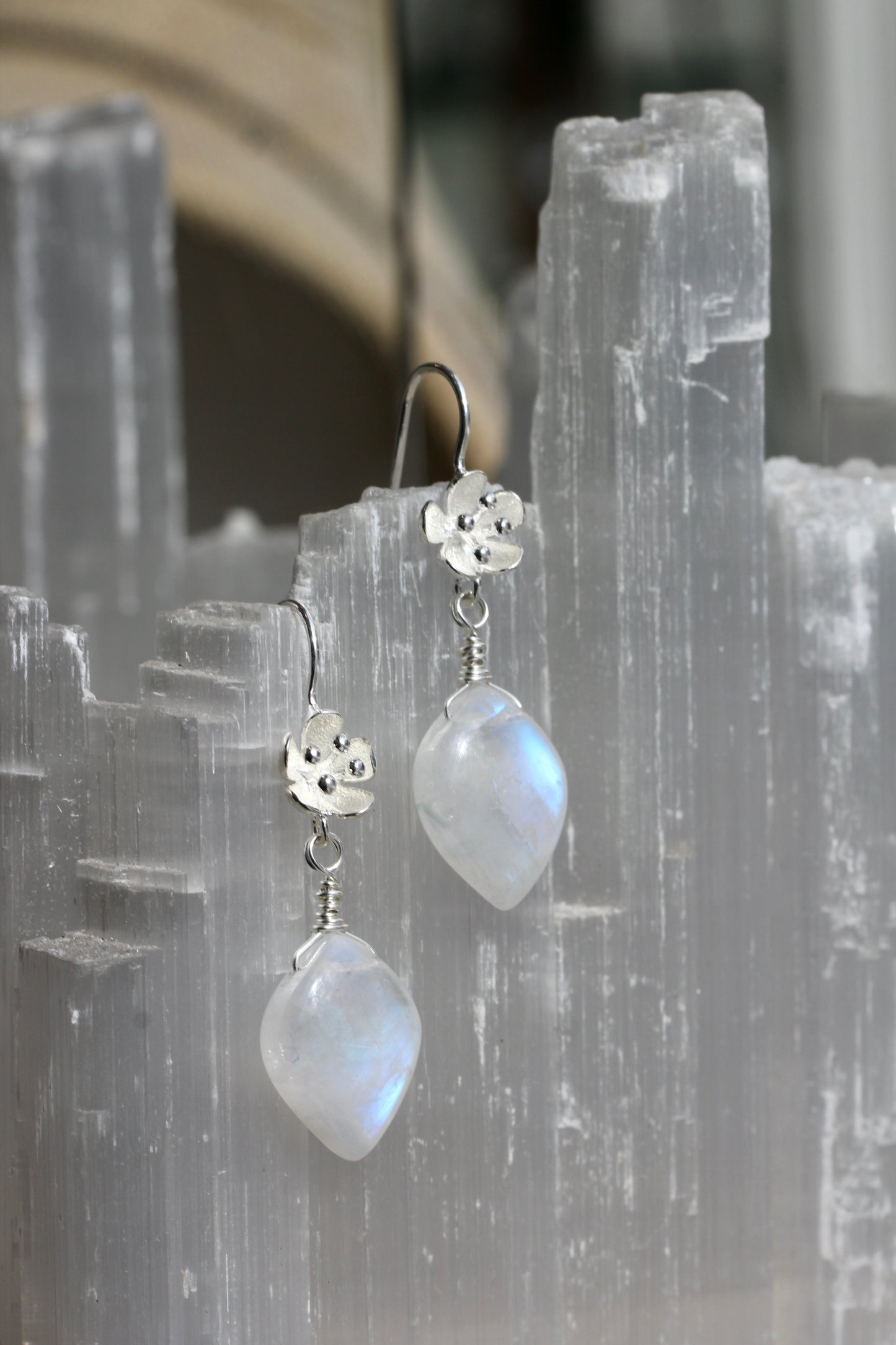 Rainbow Moonstone Flower Drop Earrings