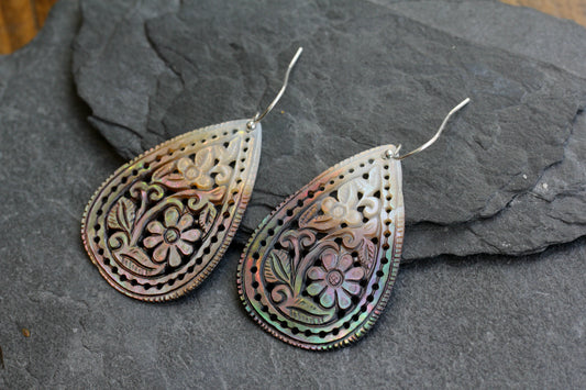 Mother of Pearl Floral Carved Teardrop Earrings