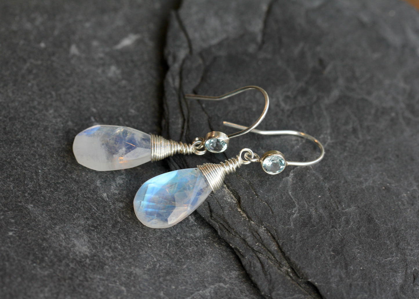 Rainbow Moonstone Blue Topaz Teardrop Earrings