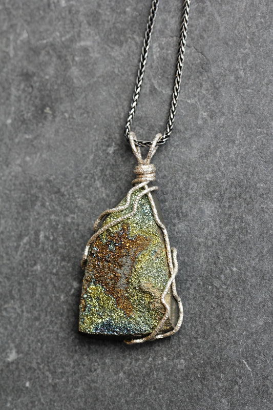 Rainbow Pyrite Freeform Silver Wrap Pendant