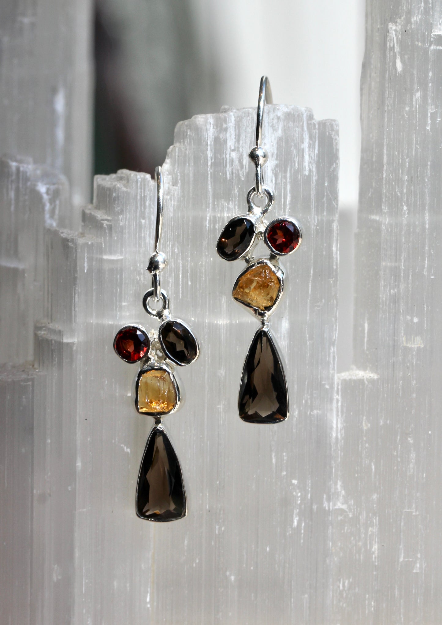 Smokey Quartz Garnet Citrine Earrings