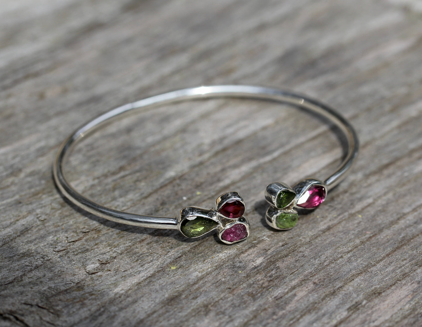 Pink and Green Tourmaline Cluster Silver Bracelet