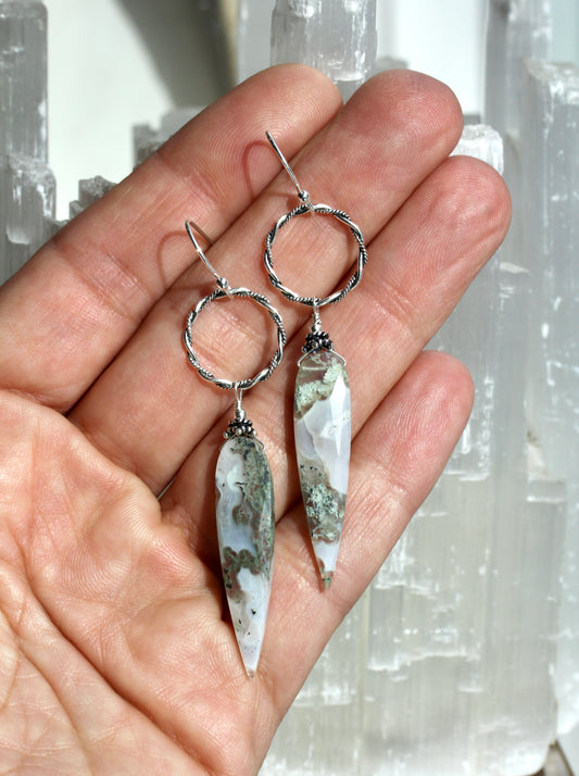 Moss Agate Long Ring Drop Earrings