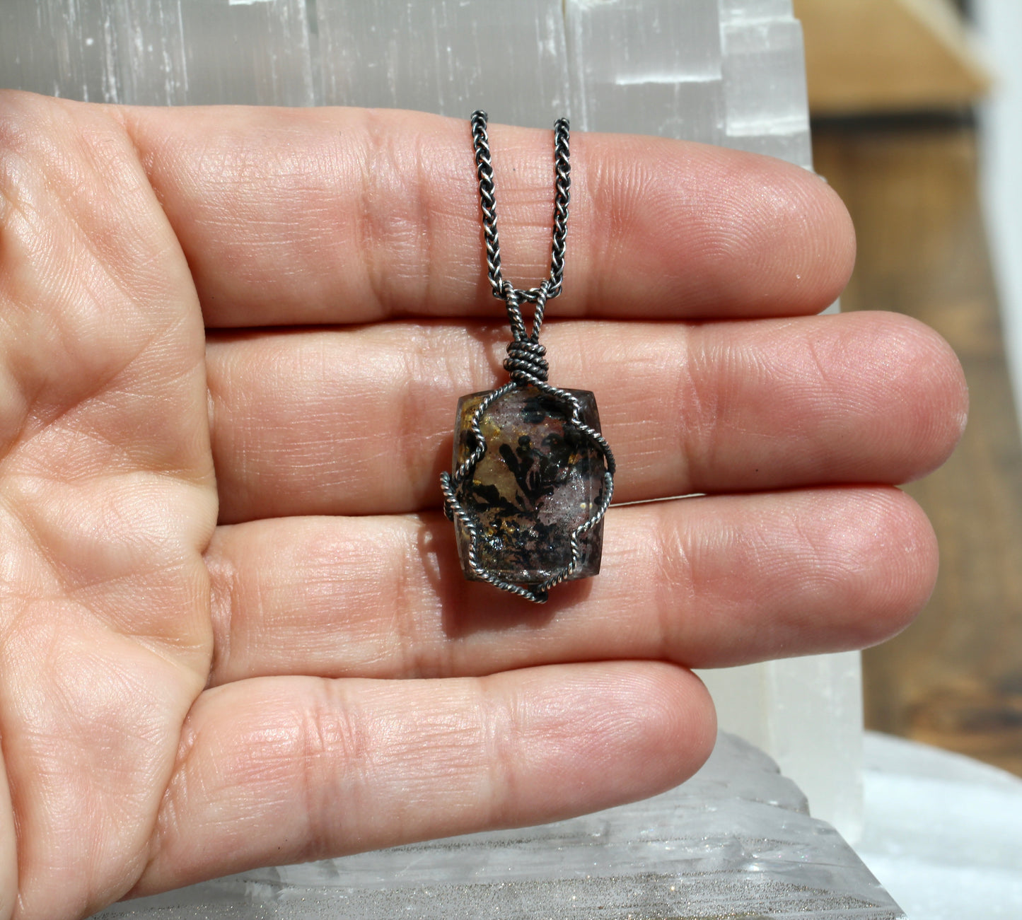 Dendritic Quartz Silver Wrap Necklace